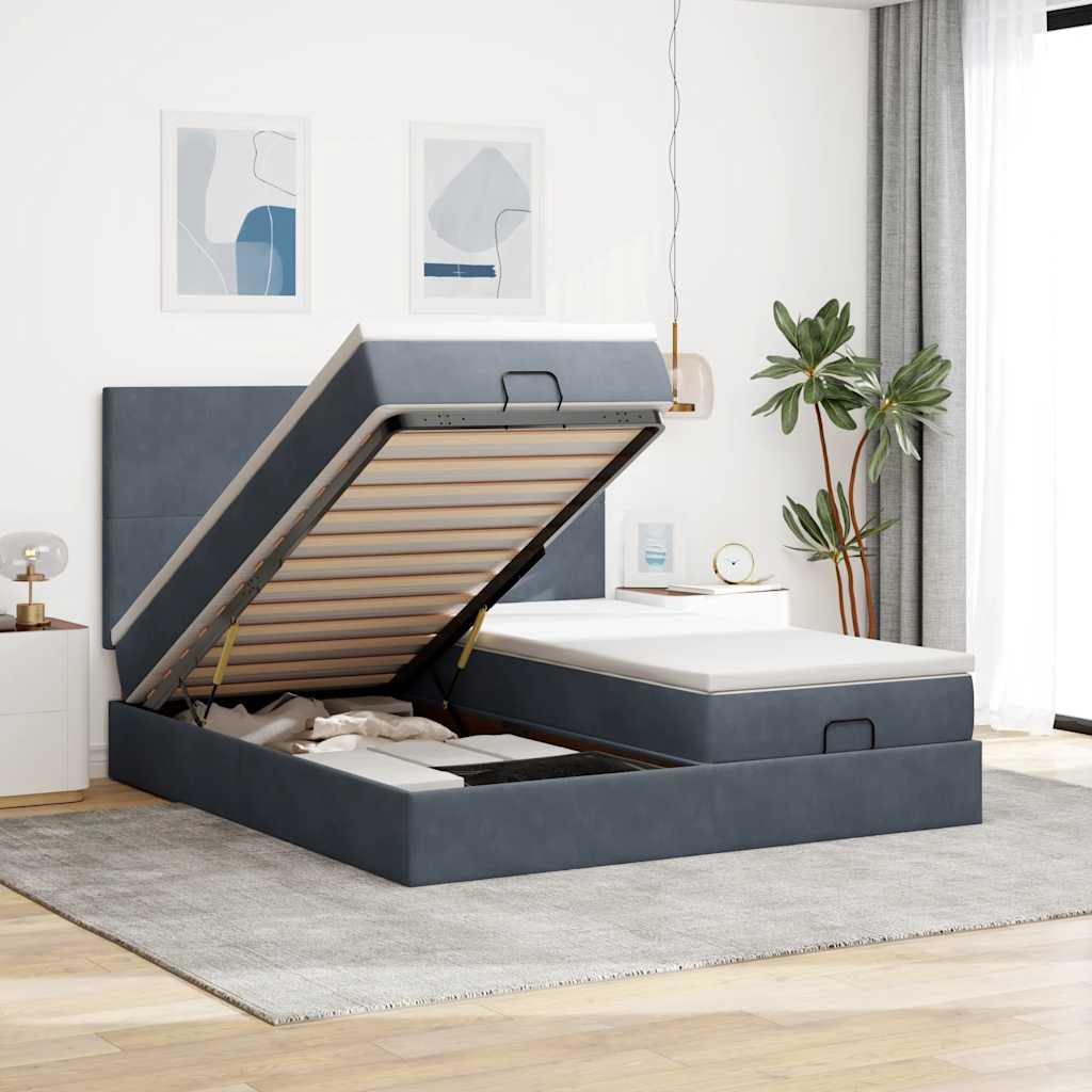 JUNG Vida Ottoman-Bett mit Matratzen & LEDs Dunkelgrau 160x200 cm Samt