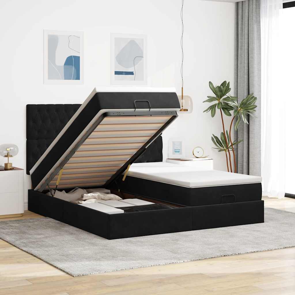 JUNG Vida Ottoman-Bett mit Matratzen & LEDs Schwarz 160x200 cm Samt