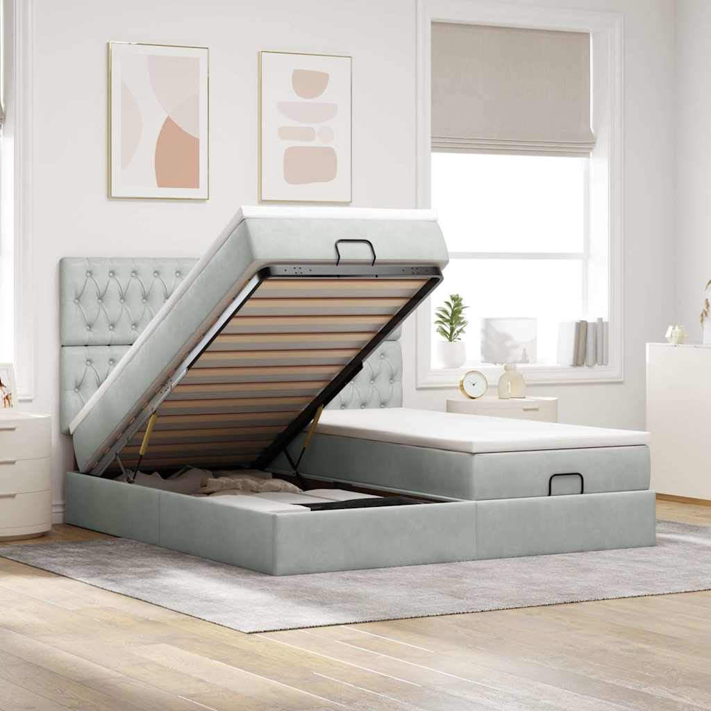 JUNG Vida Ottoman-Bett mit Matratzen & LEDs Hellgrau 180x200 cm Samt