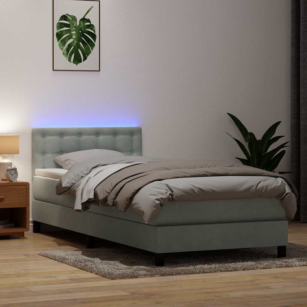 JUNG Vida Boxspringbett mit Matratze & LED Hellgrau 80x210 cm Samt