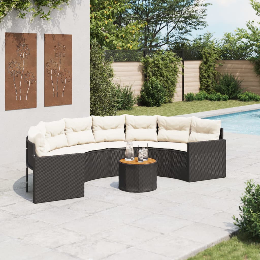 JUNG Vida Gartensofa mit Tisch und Kissen Halbrund Schwarz Poly-Rattan