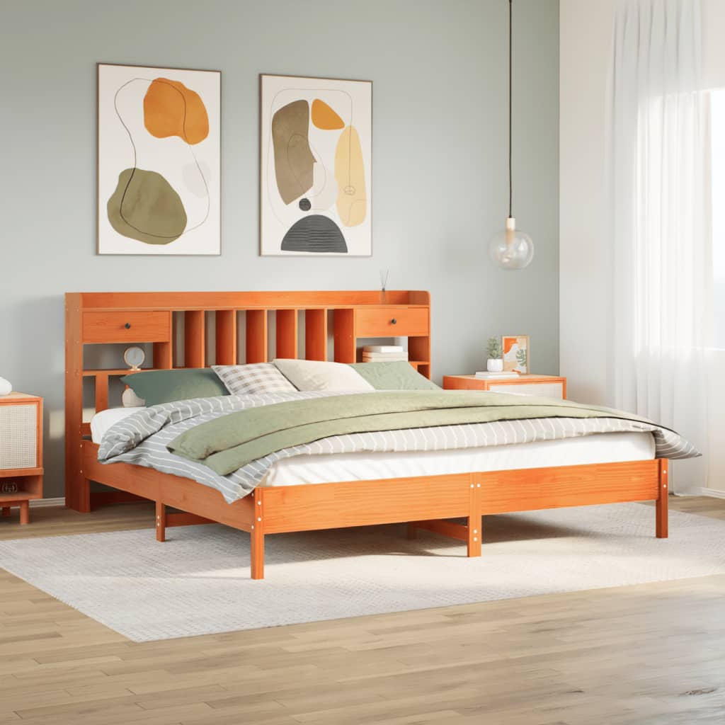 JUNG Vida Massivholzbett mit Regal ohne Matratze Wachsbraun 200x200 cm