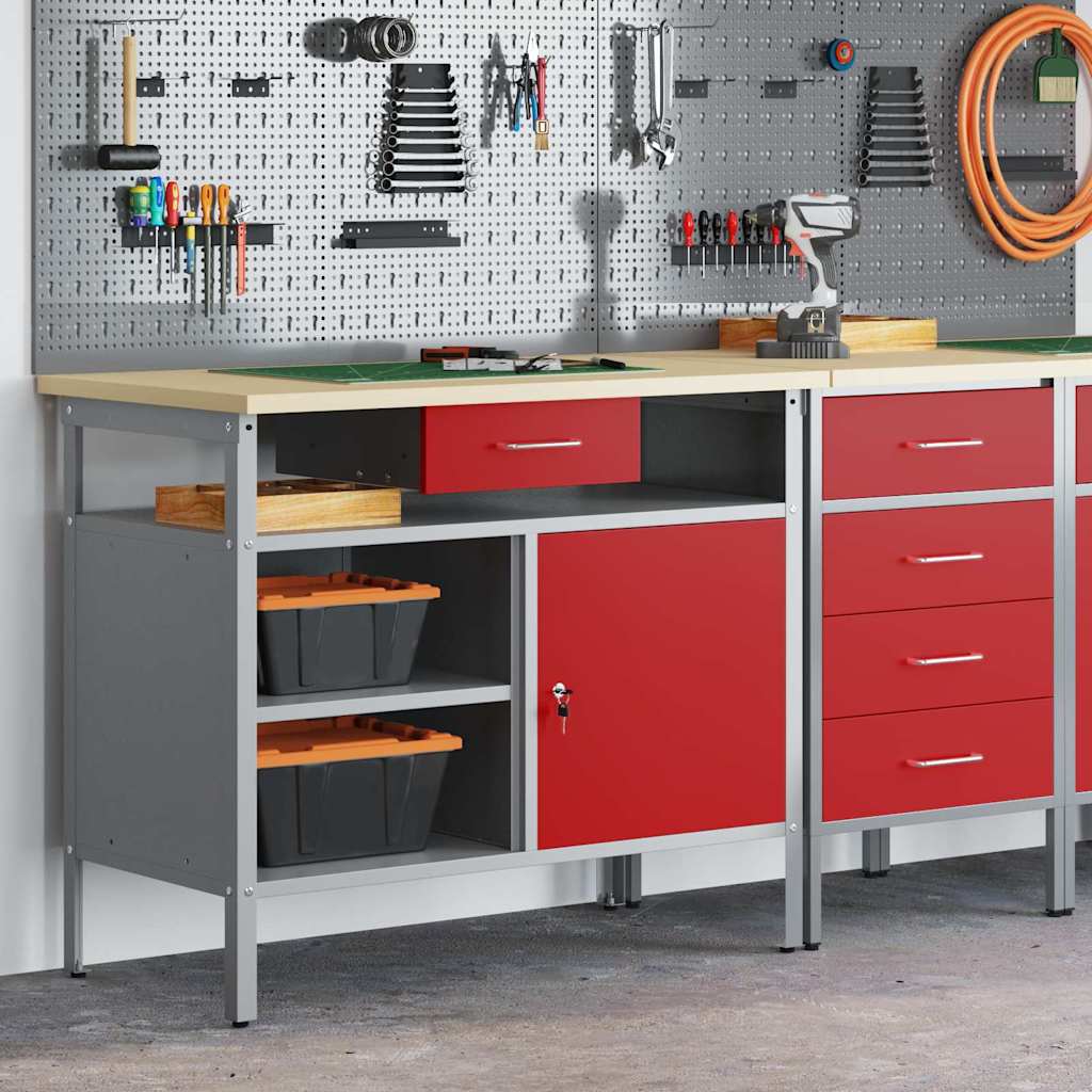 JUNG Vida Werkbank mit Schubladen mit Regal Rot und Grau 100 x 55 x 85 cm