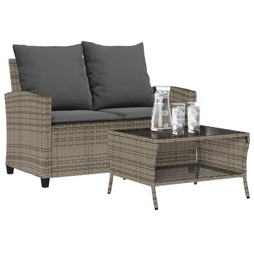 JUNG Vida Gartensofa 2-Sitzer mit Kissen & Tisch Grau Poly Rattan