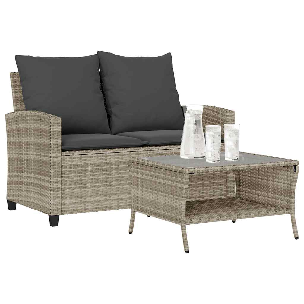 JUNG Vida Gartensofa 2-Sitzer mit Kissen & Tisch Hellgrau Poly Rattan