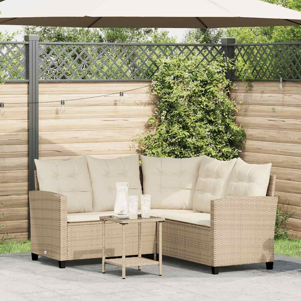 JUNG Vida Gartensofa in L-Form mit Tisch und Kissen Beige Poly Rattan