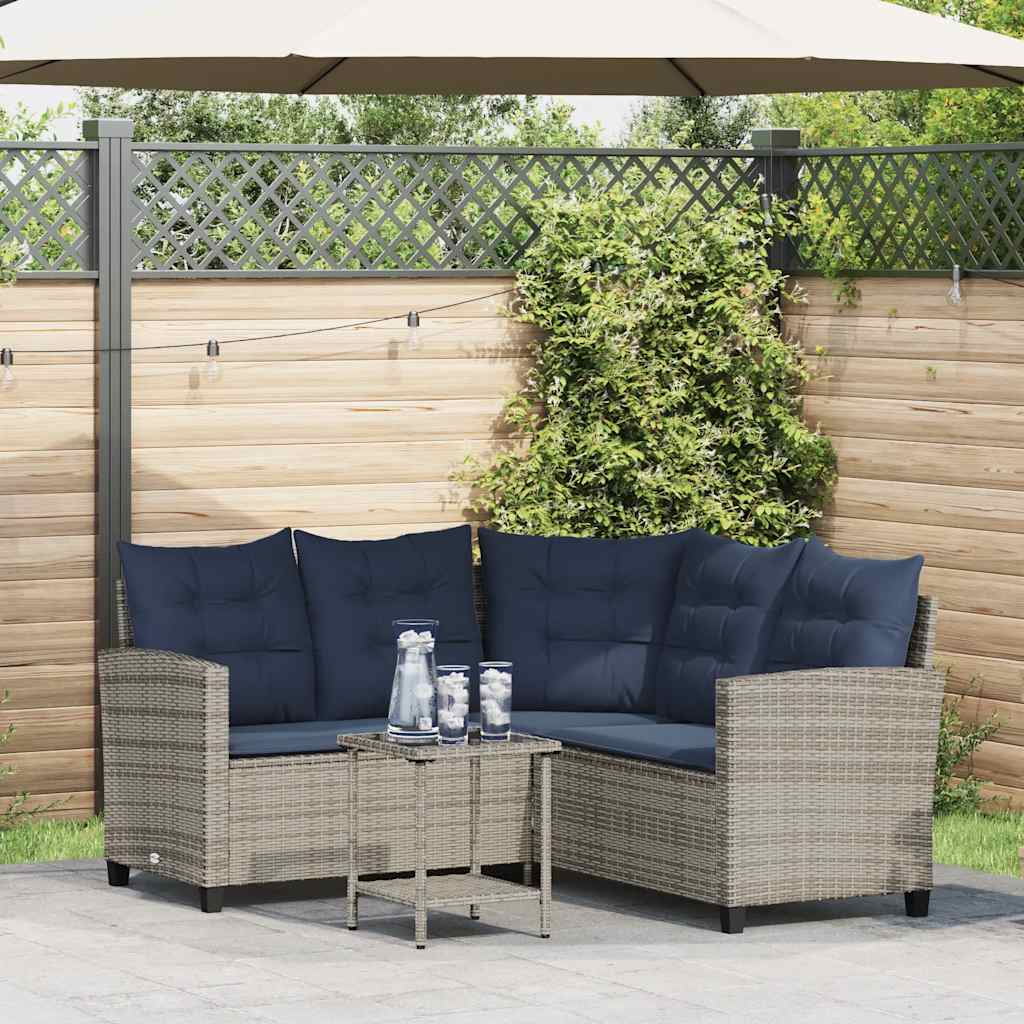JUNG Vida Gartensofa in L-Form mit Tisch und Kissen Grau Poly Rattan