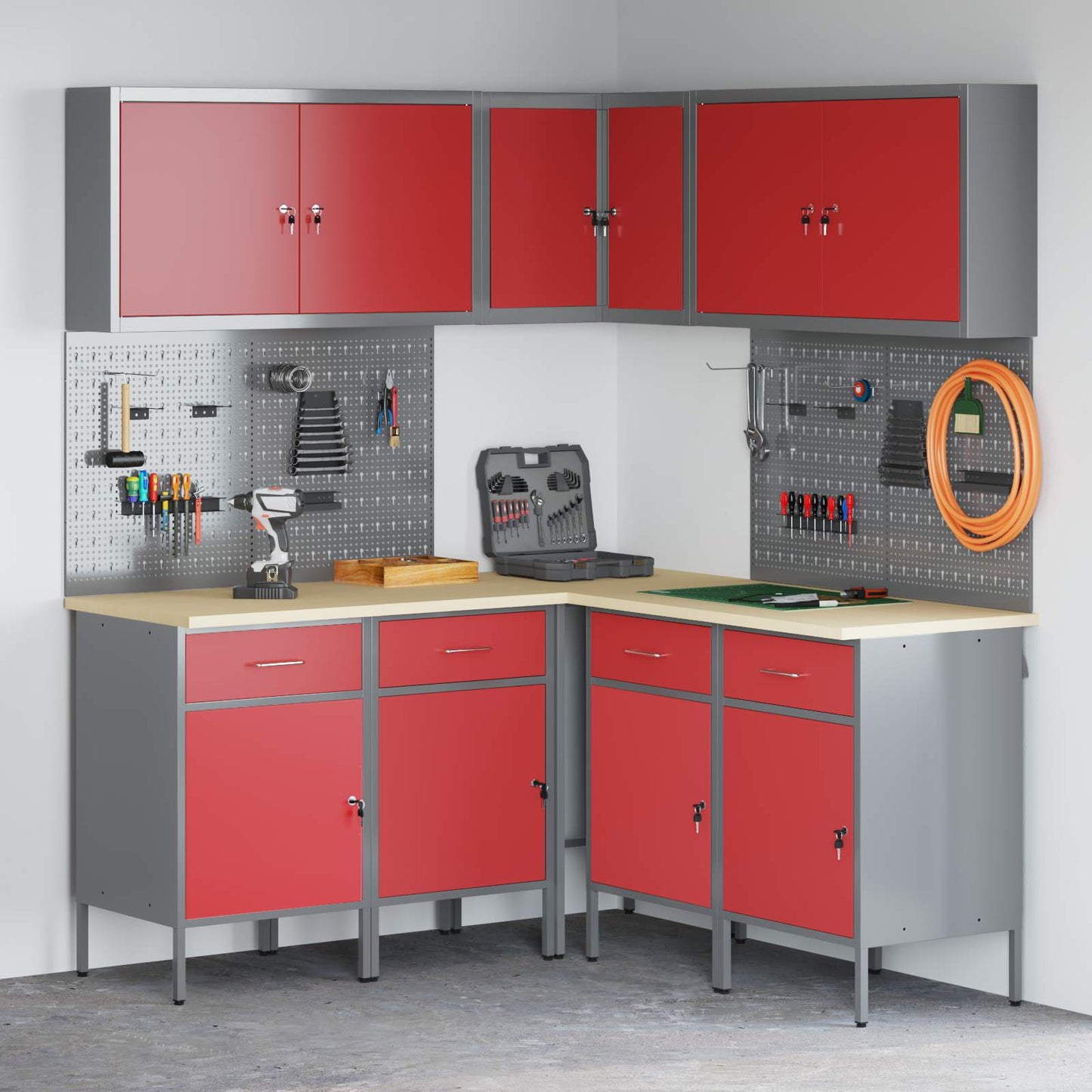 JUNG Vida Arbeitsschrankset mit Schubladen mit Regal 12 pcs Rot und Grau