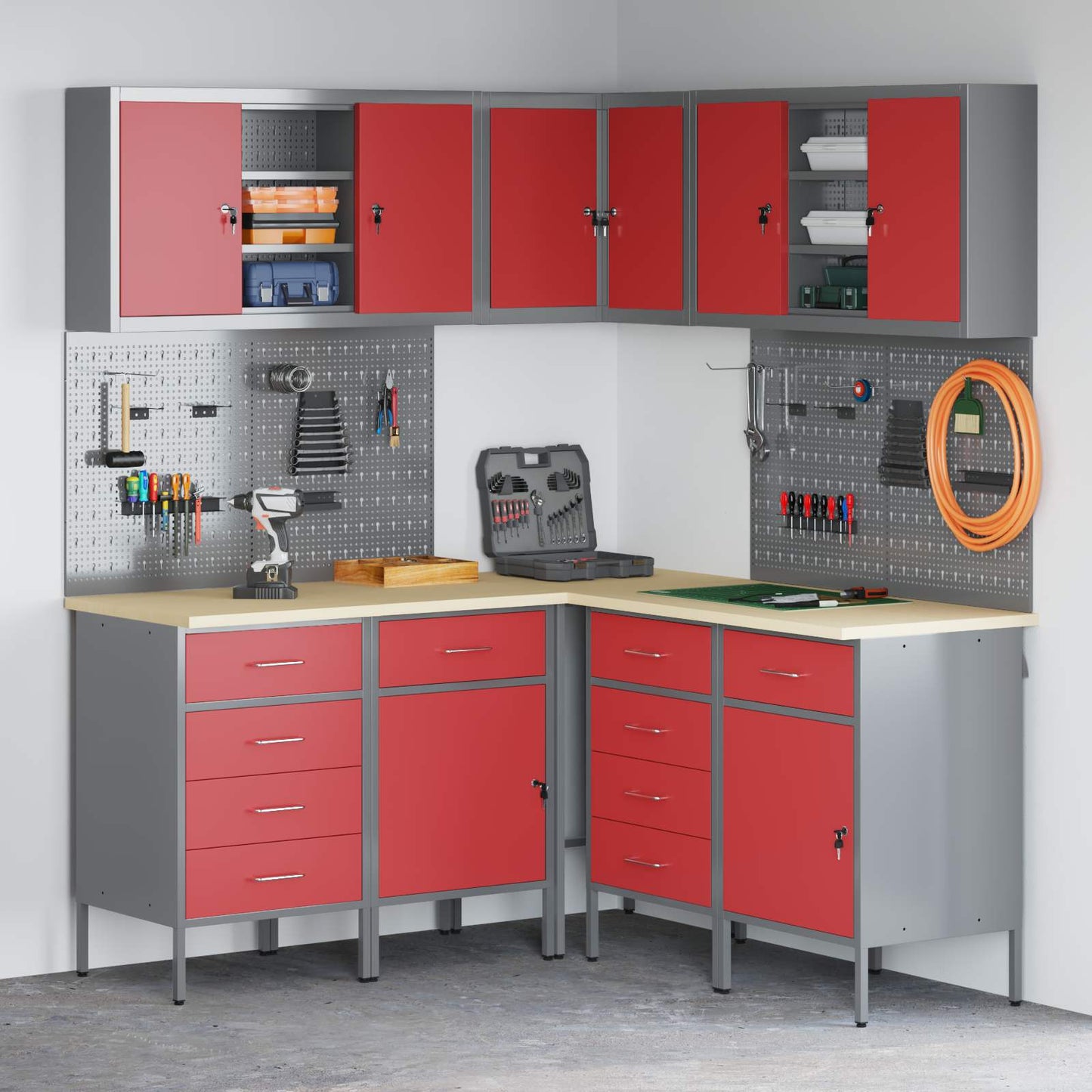 JUNG Vida Arbeitsschrankset mit Schubladen mit Regal 12 pcs Rot und Grau