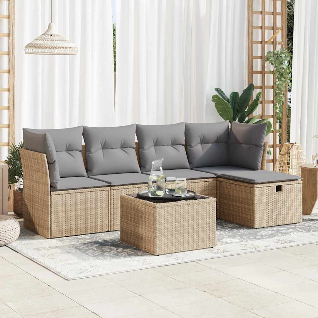 JUNG Vida 6-tlg. Garten-Sofagarnitur mit Kissen Beige Poly Rattan