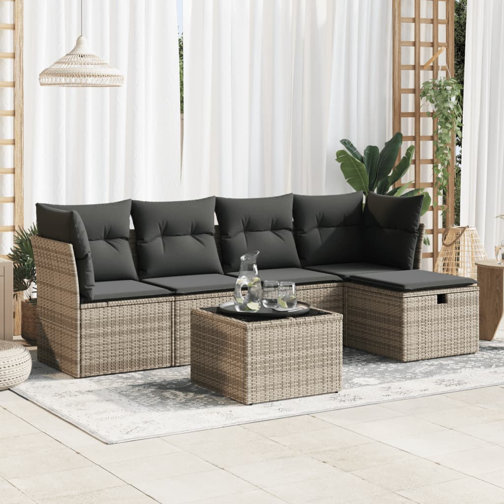 JUNG Vida 6-tlg. Garten-Sofagarnitur mit Kissen Grau Poly Rattan