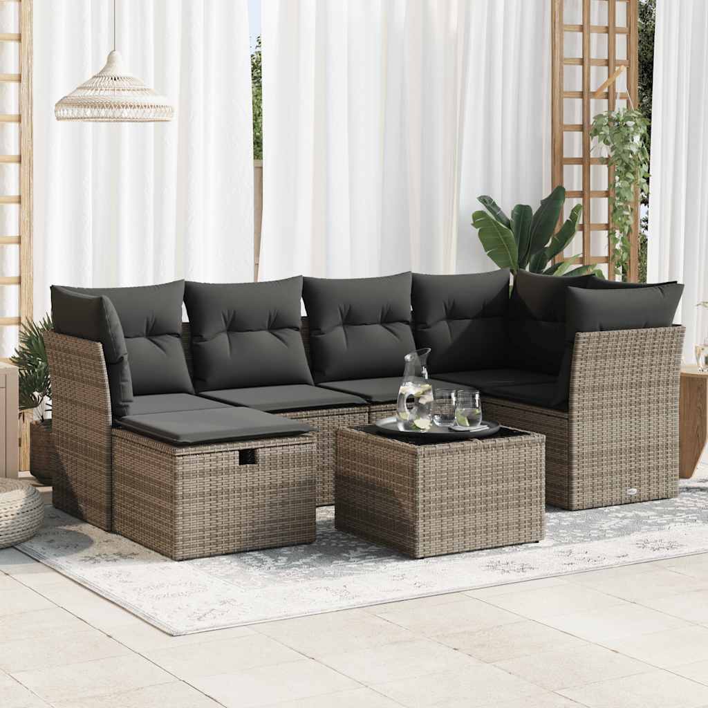 JUNG Vida 7-tlg. Garten-Sofagarnitur mit Kissen Grau Poly Rattan