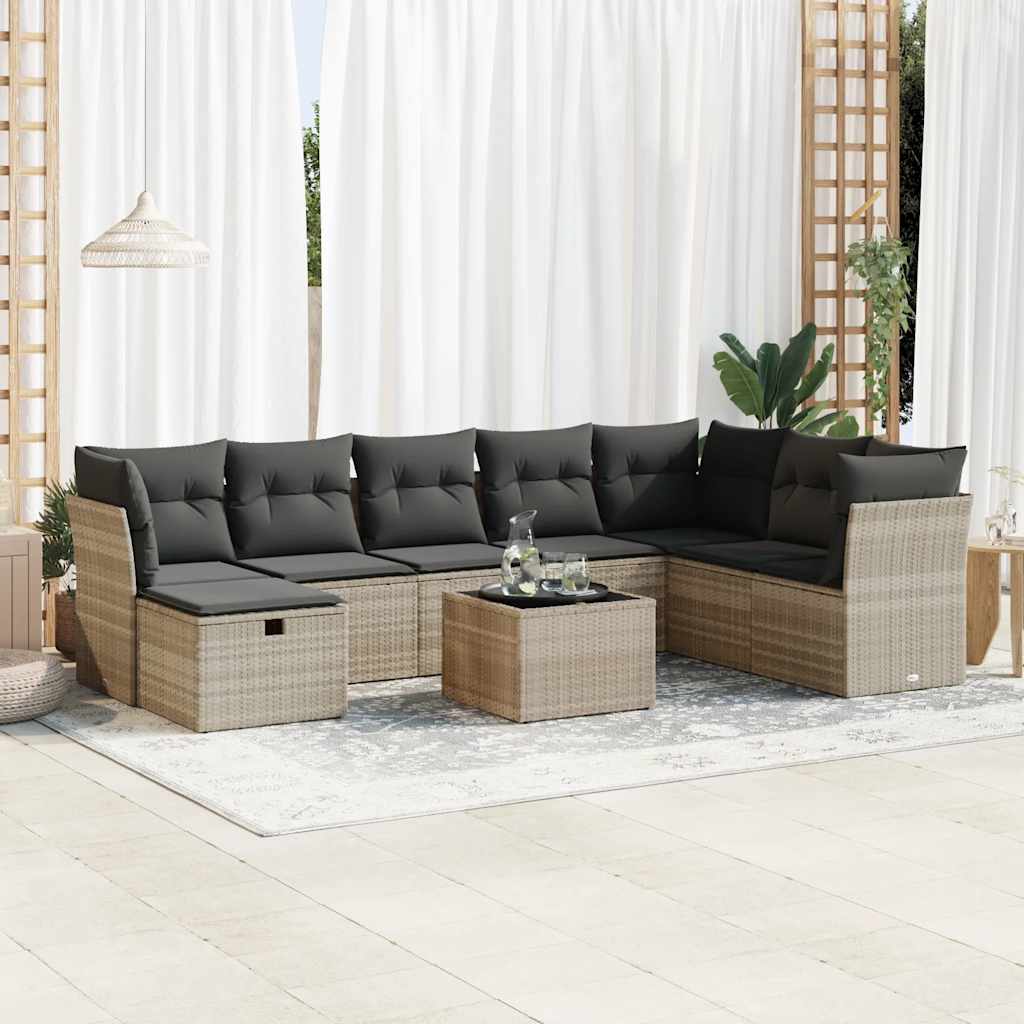 JUNG Vida 9-tlg. Garten-Sofagarnitur mit Kissen Hellgrau Poly Rattan