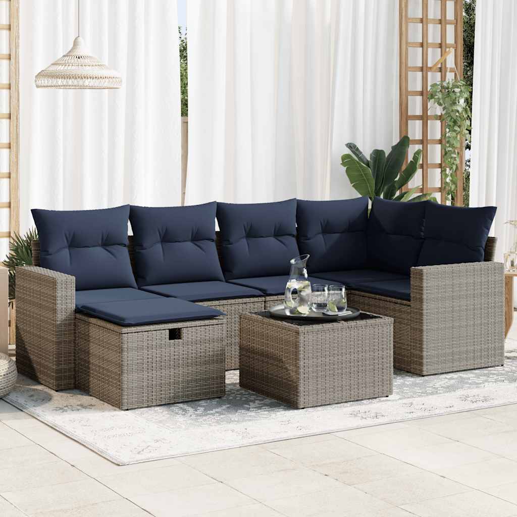 JUNG Vida 7-tlg. Garten-Sofagarnitur mit Kissen Grau Poly Rattan