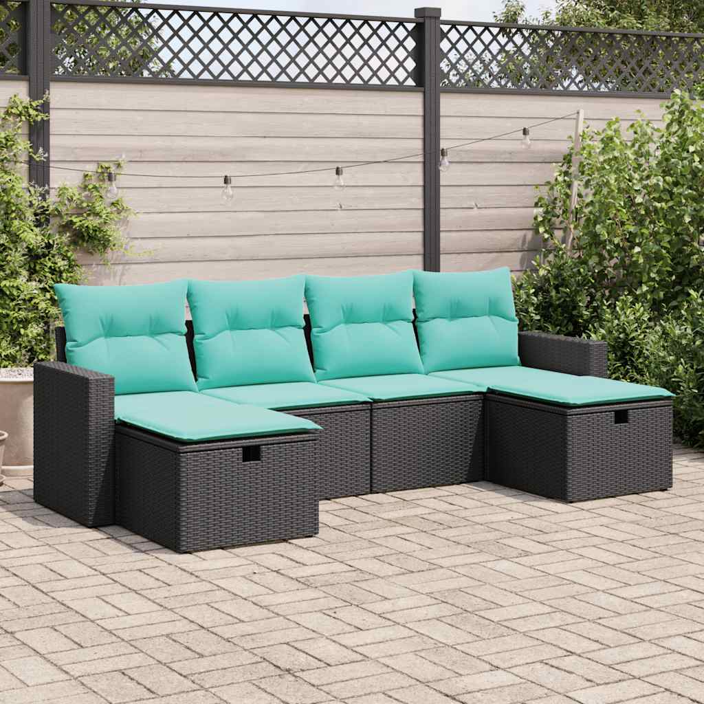 JUNG Vida 6-tlg. Garten-Sofagarnitur mit Kissen Schwarz Poly Rattan