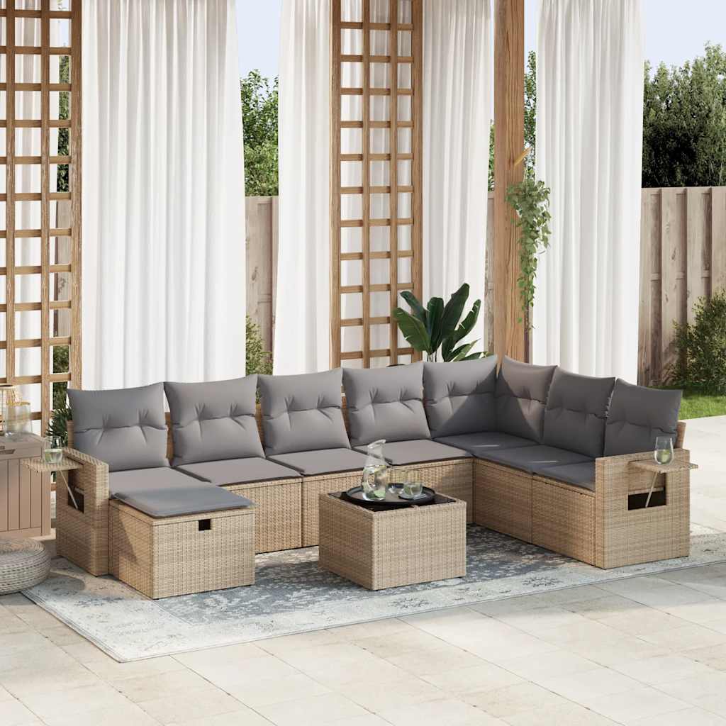 JUNG Vida 9-tlg. Garten-Sofagarnitur mit Kissen Beige Poly Rattan