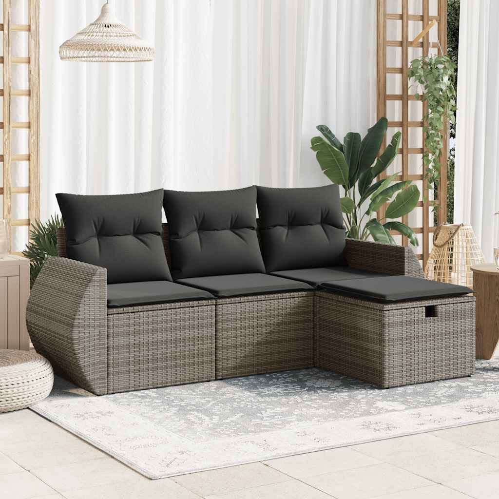 JUNG Vida 4-tlg. Garten-Sofagarnitur mit Kissen Grau Poly Rattan