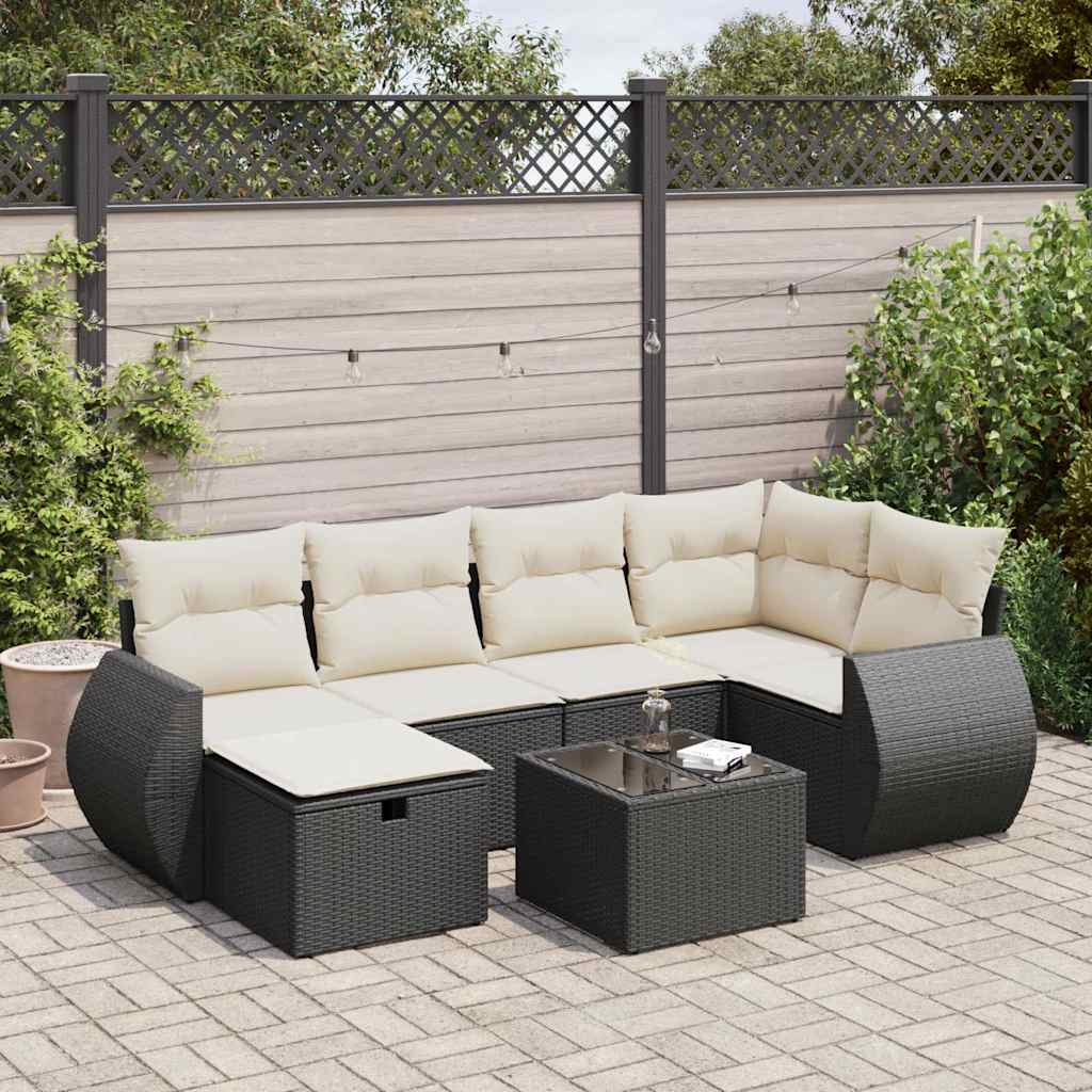 JUNG Vida 7-tlg. Garten-Sofagarnitur mit Kissen Schwarz Poly Rattan