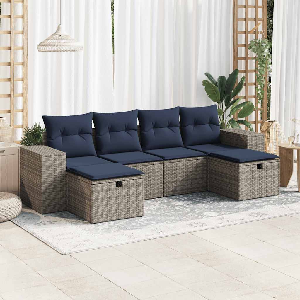 JUNG Vida 6-tlg. Garten-Sofagarnitur mit Kissen Grau Poly Rattan