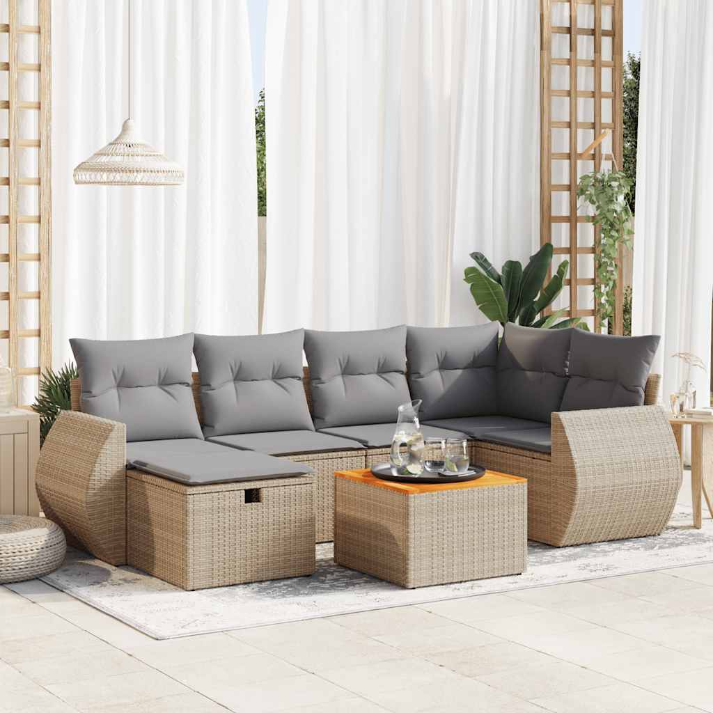 JUNG Vida 7-tlg. Garten-Sofagarnitur mit Kissen Beige Poly Rattan