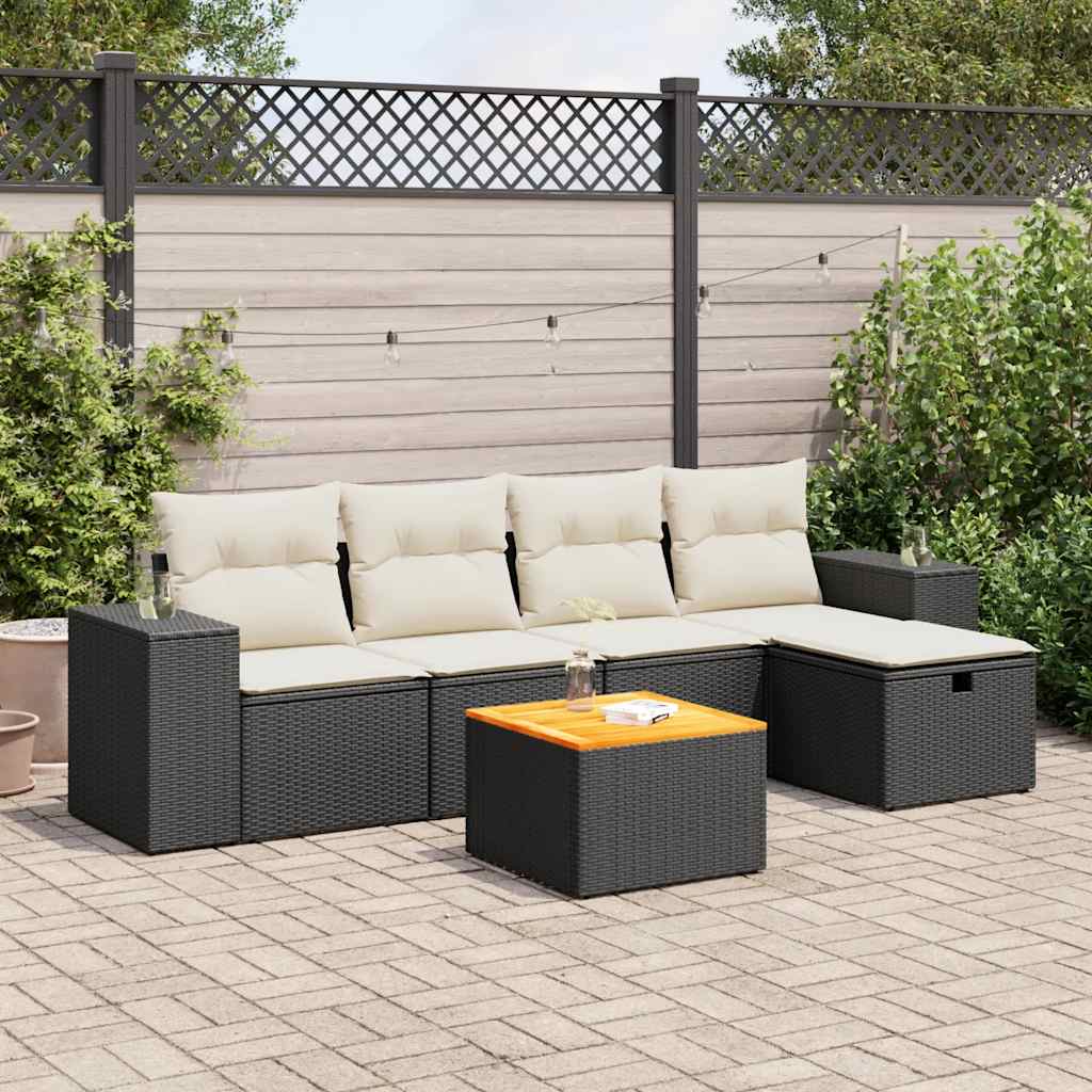 JUNG Vida 6-tlg. Garten-Sofagarnitur mit Kissen Schwarz Poly Rattan