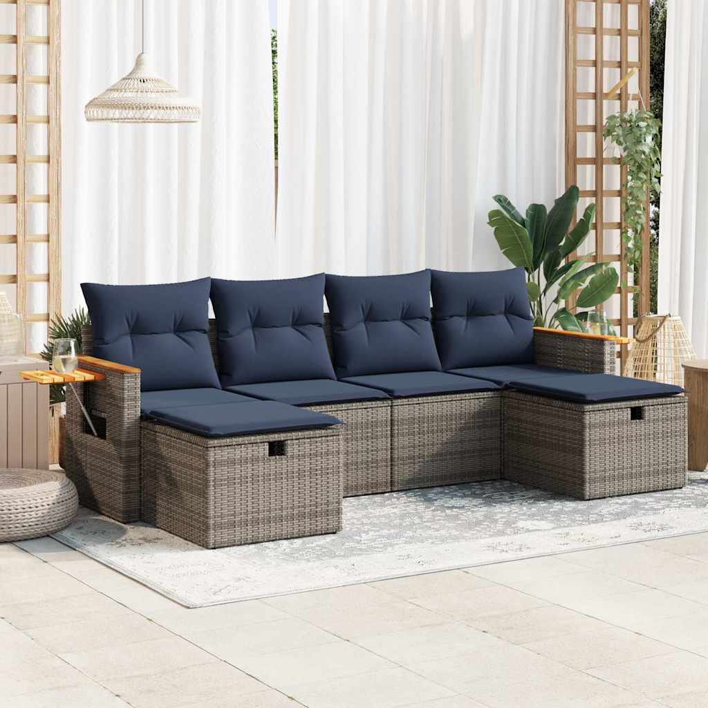 JUNG Vida 6-tlg. Garten-Sofagarnitur mit Kissen Grau Poly Rattan