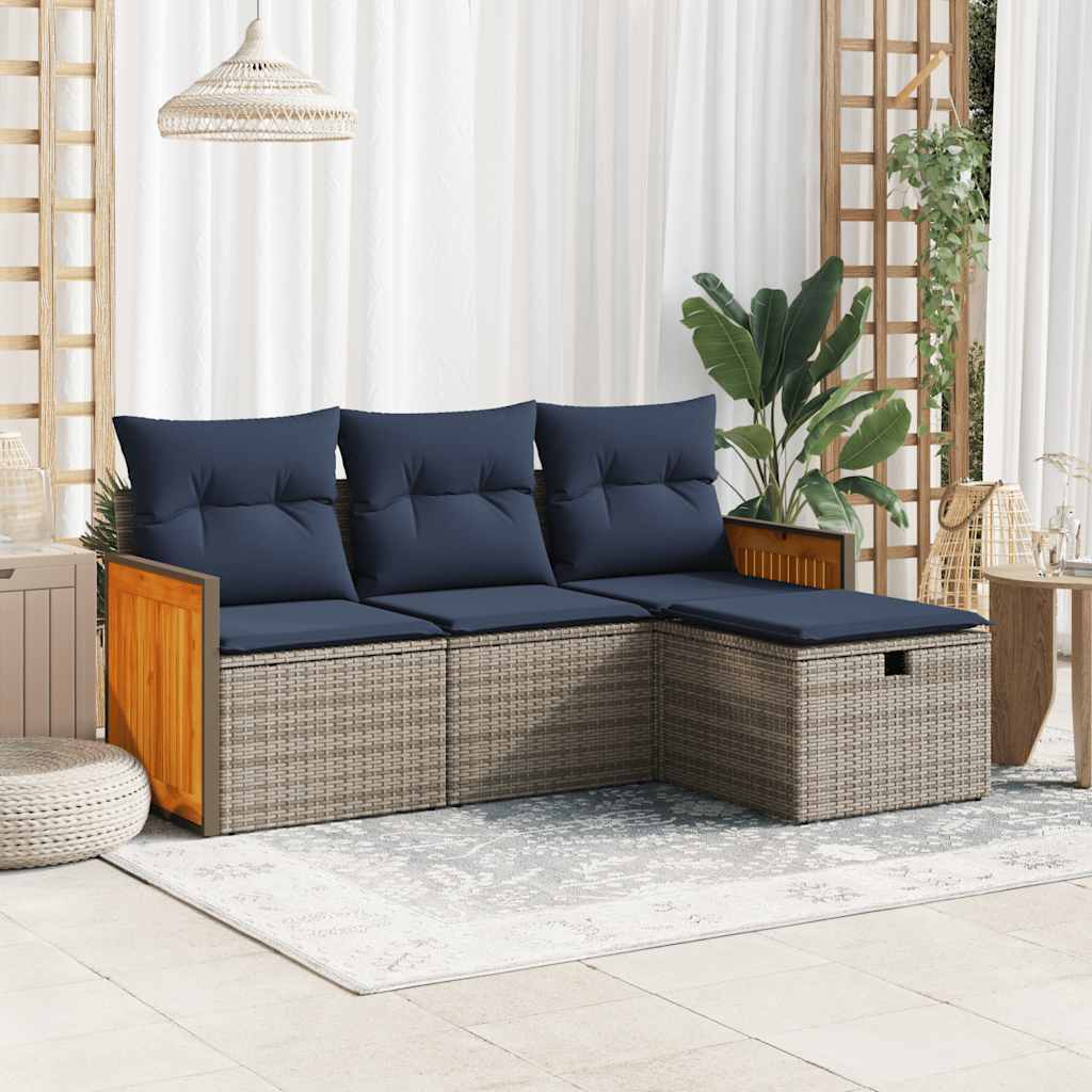 JUNG Vida 4-tlg. Garten-Sofagarnitur mit Kissen Grau Poly Rattan