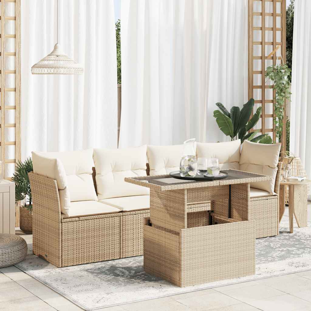 JUNG Vida 5-tlg. Garten-Sofagarnitur mit Kissen Beige Poly Rattan