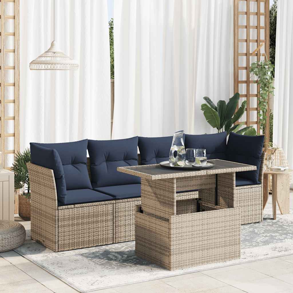JUNG Vida 5-tlg. Garten-Sofagarnitur mit Kissen Grau Poly Rattan Akazie