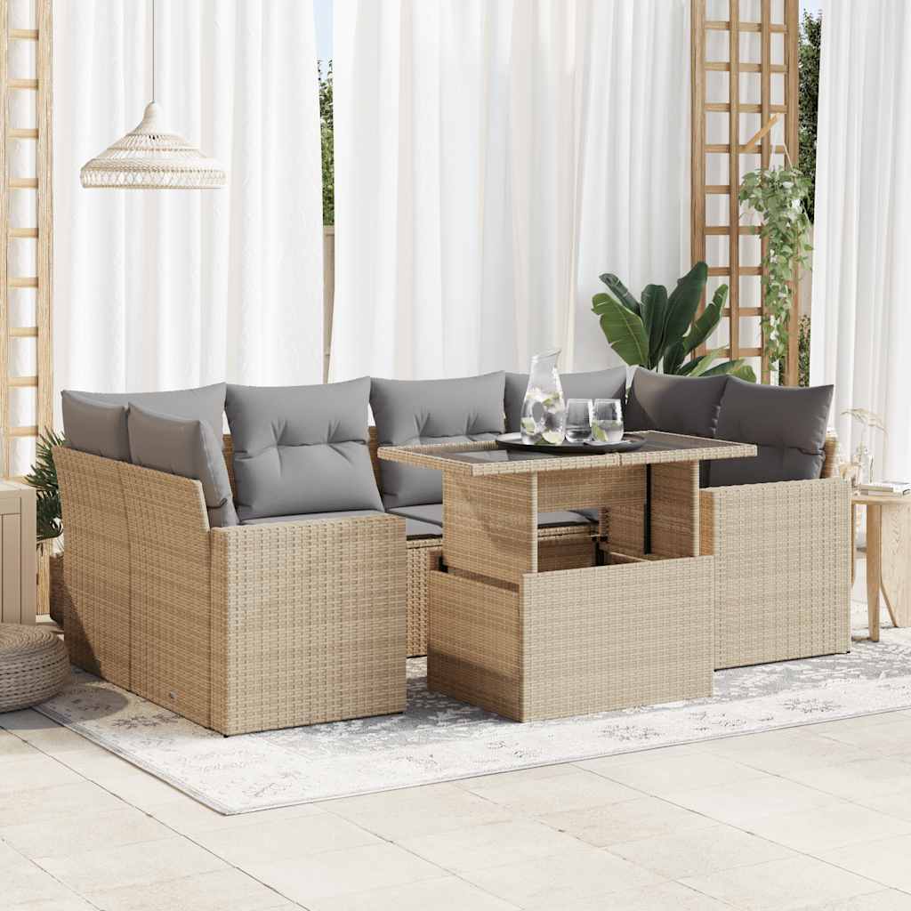 JUNG Vida 7-tlg. Garten-Sofagarnitur mit Kissen Beige Poly Rattan