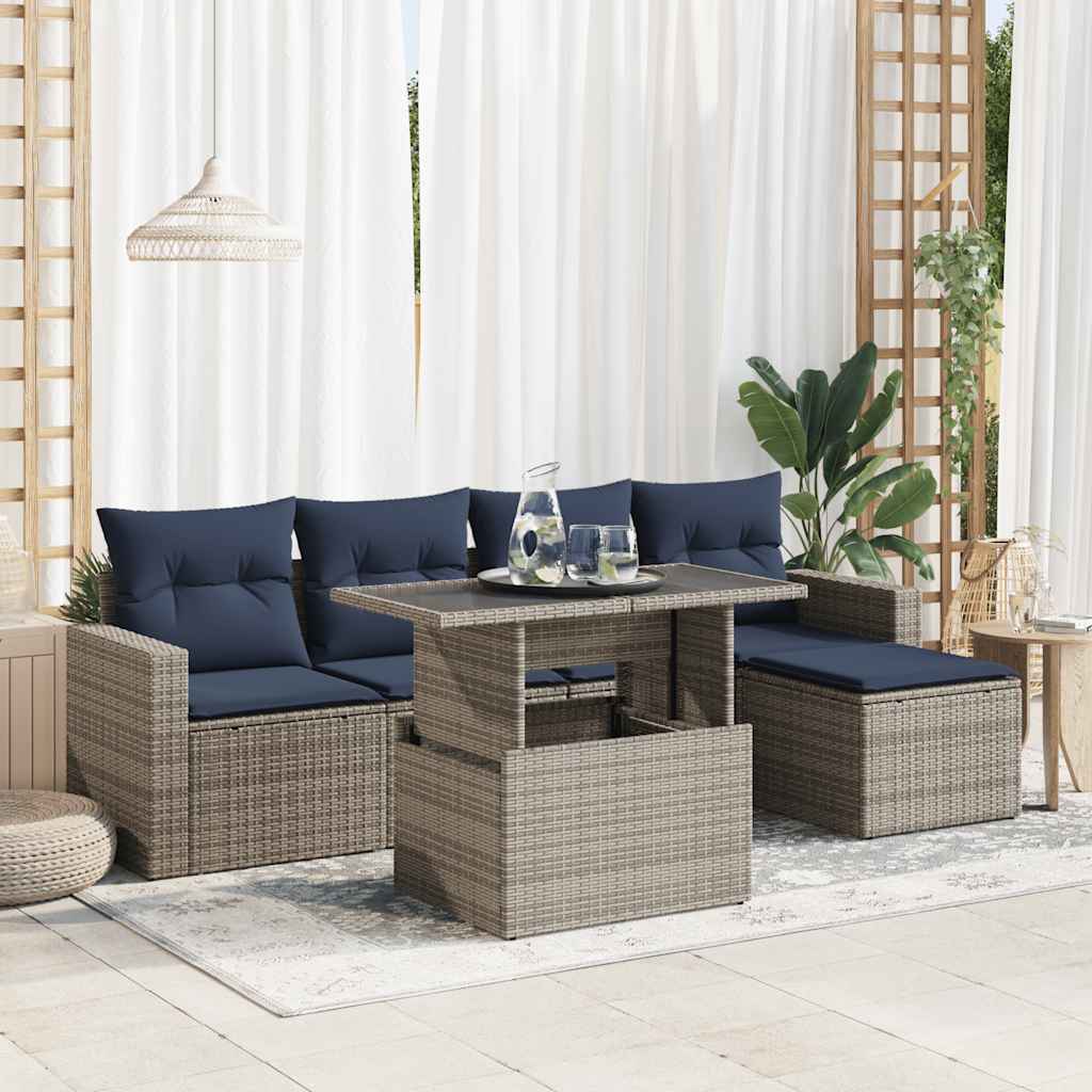 JUNG Vida 6-tlg. Garten-Sofagarnitur mit Kissen Grau Poly Rattan Akazie
