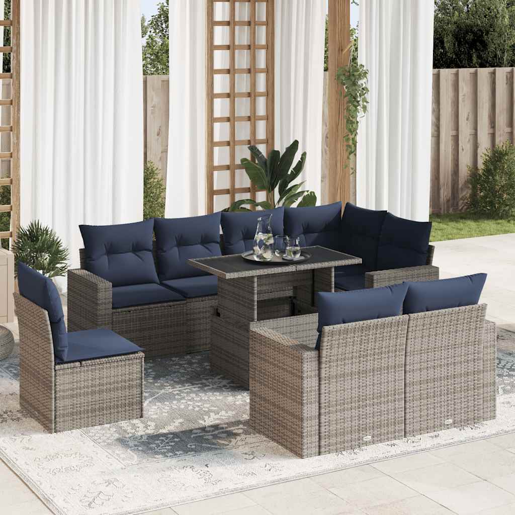 JUNG Vida 9-tlg. Garten-Sofagarnitur mit Kissen Grau Poly Rattan Akazie