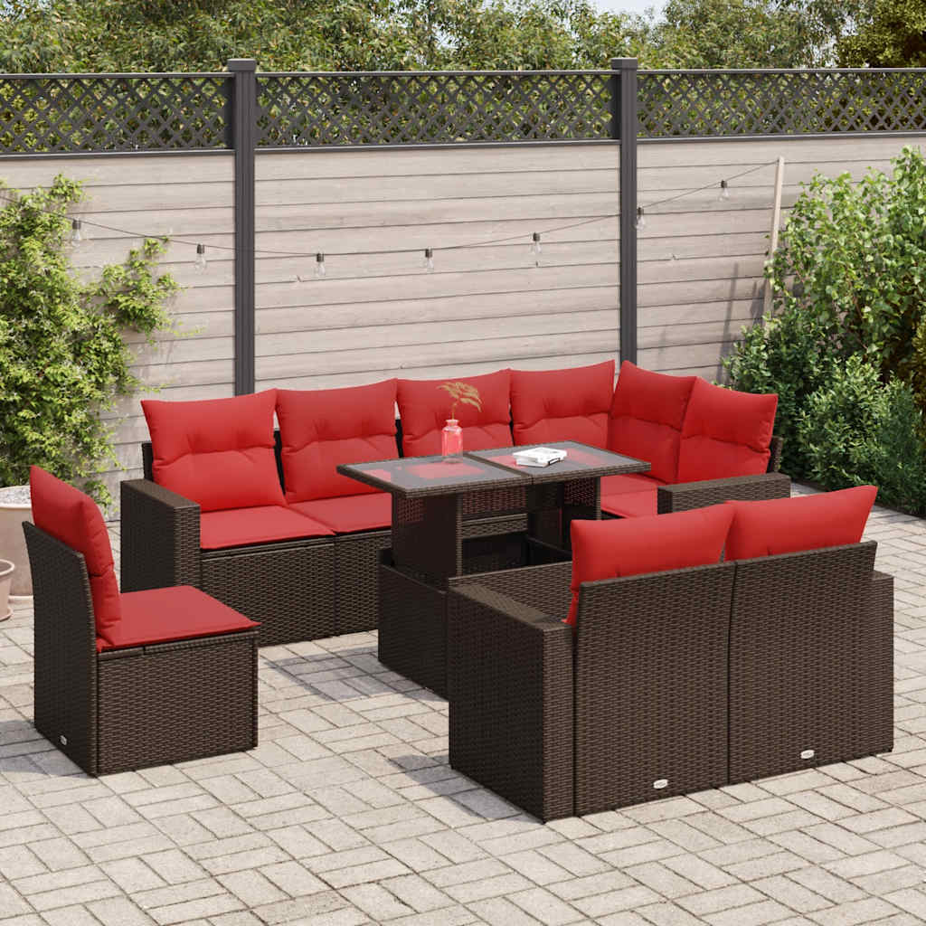 JUNG Vida 9-tlg. Garten-Sofagarnitur mit Kissen Braun Poly Rattan Akazie