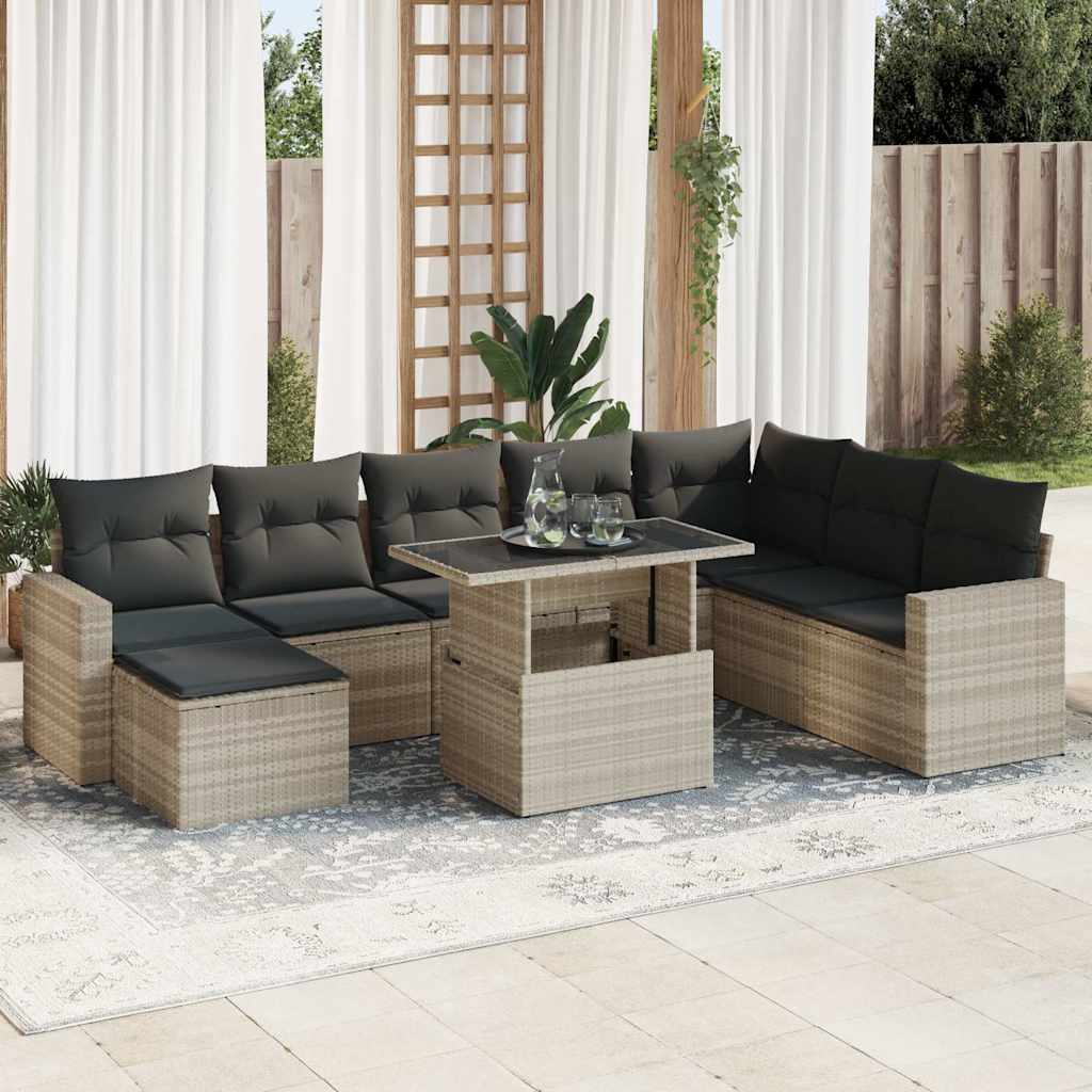 JUNG Vida 9-tlg. Garten-Sofagarnitur mit Kissen Hellgrau Poly Rattan
