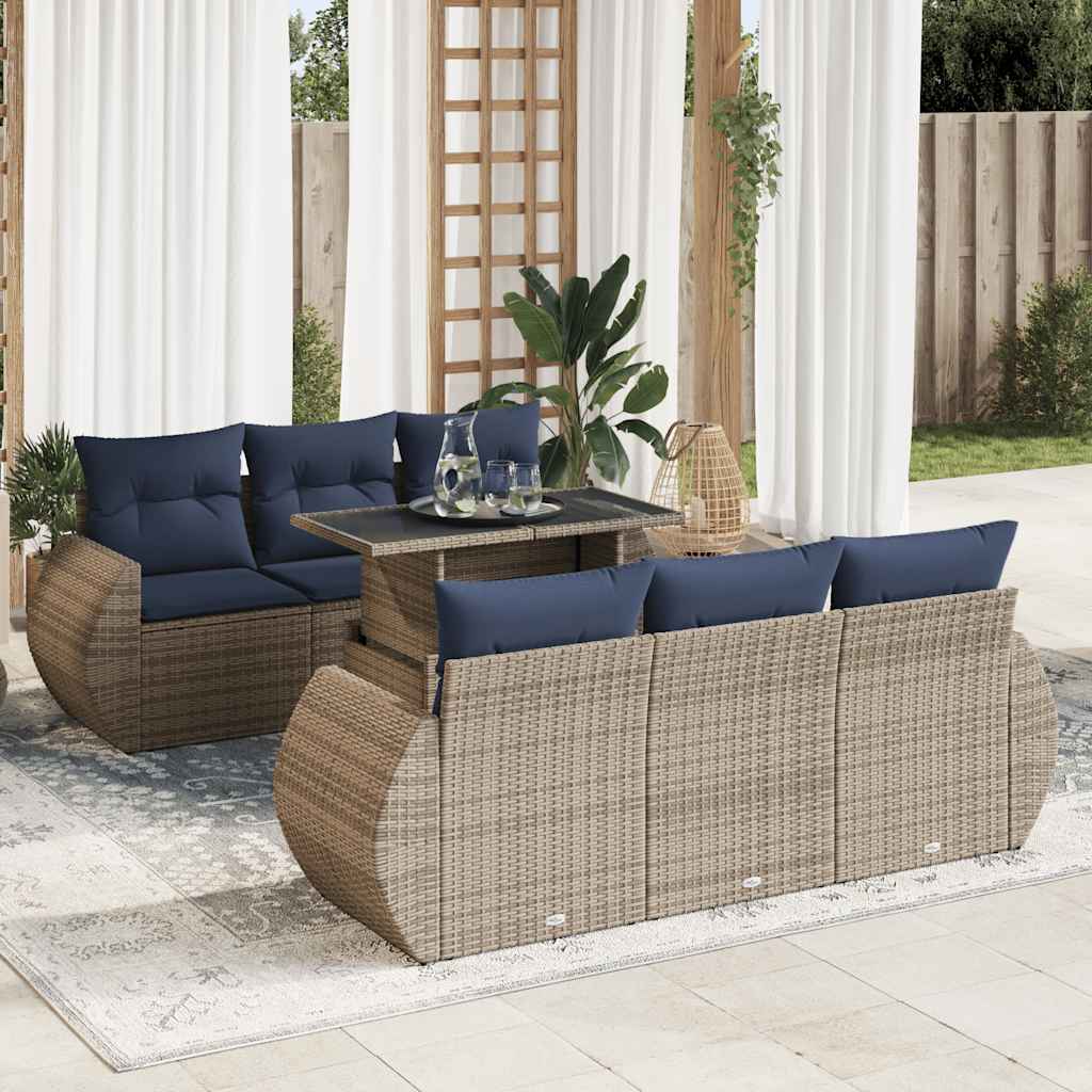 JUNG Vida 7-tlg. Garten-Sofagarnitur mit Kissen Grau Poly Rattan Akazie