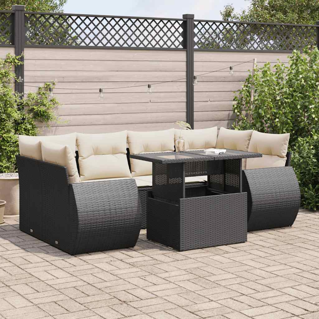 JUNG Vida 7-tlg. Garten-Sofagarnitur mit Kissen Schwarz Poly Rattan