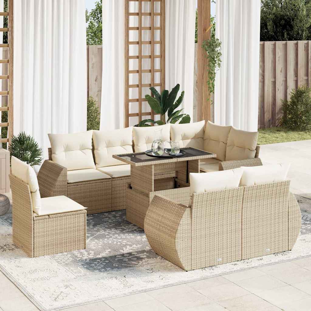 JUNG Vida 9-tlg. Garten-Sofagarnitur mit Kissen Beige Poly Rattan