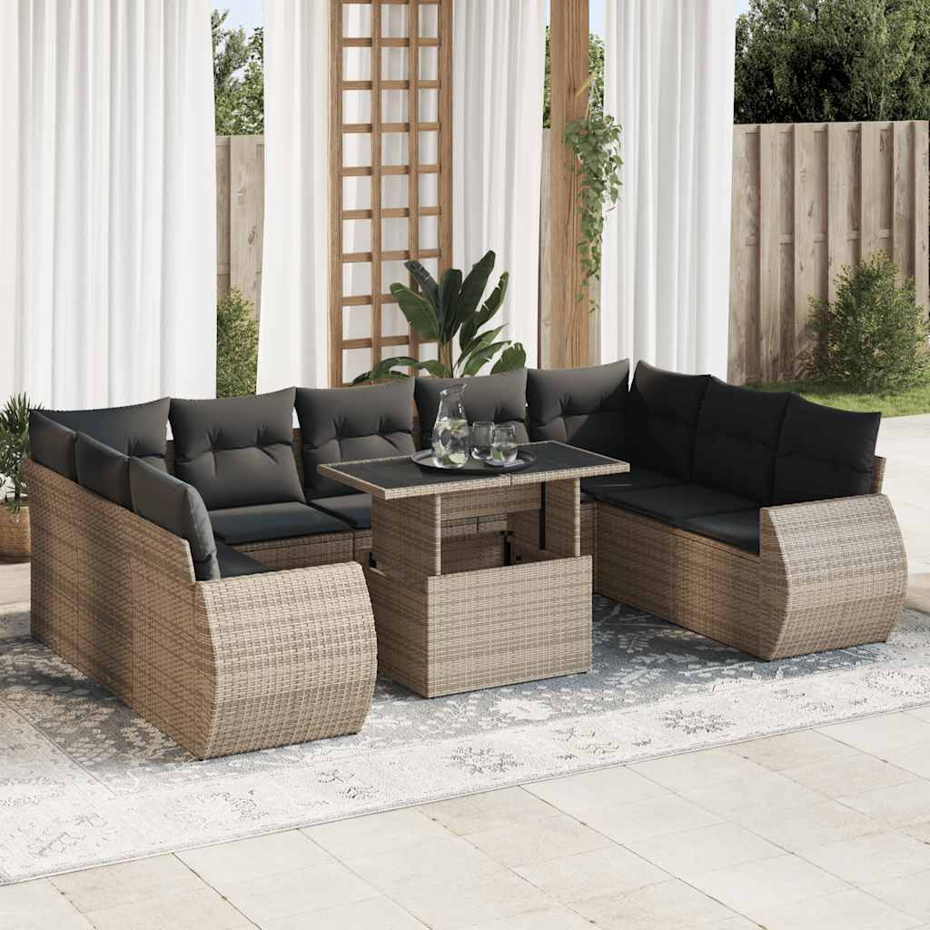 JUNG Vida 10-tlg. Garten-Sofagarnitur mit Kissen Grau Poly Rattan