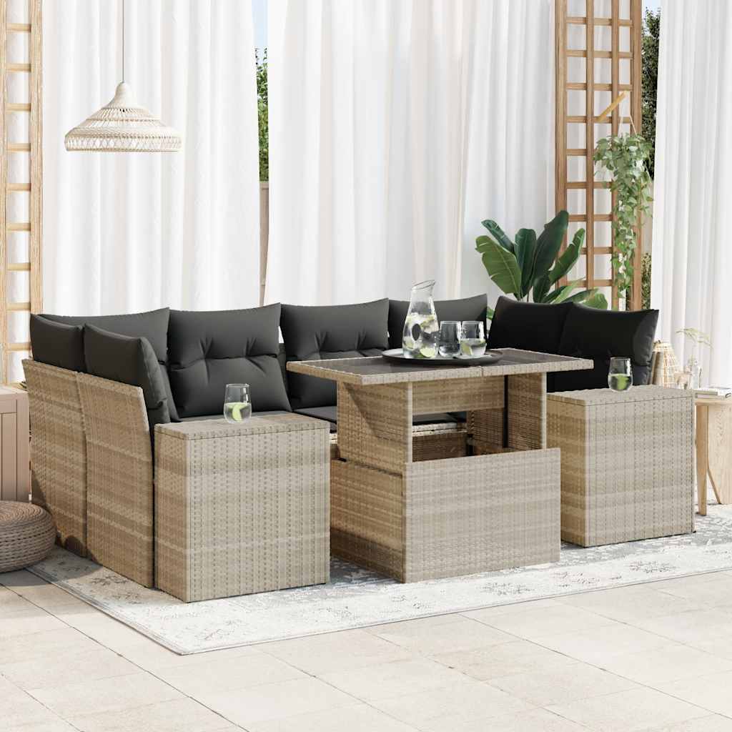 JUNG Vida 7-tlg. Garten-Sofagarnitur mit Kissen Hellgrau Poly Rattan
