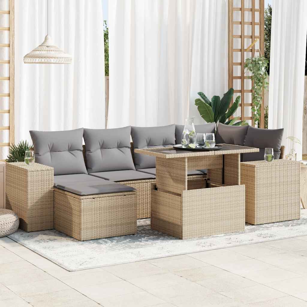 JUNG Vida 7-tlg. Garten-Sofagarnitur mit Kissen Beige Poly Rattan