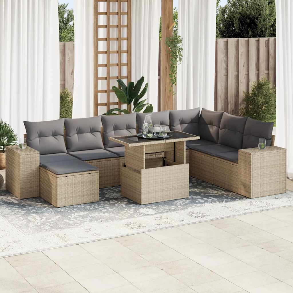JUNG Vida 9-tlg. Garten-Sofagarnitur mit Kissen Beige Poly Rattan