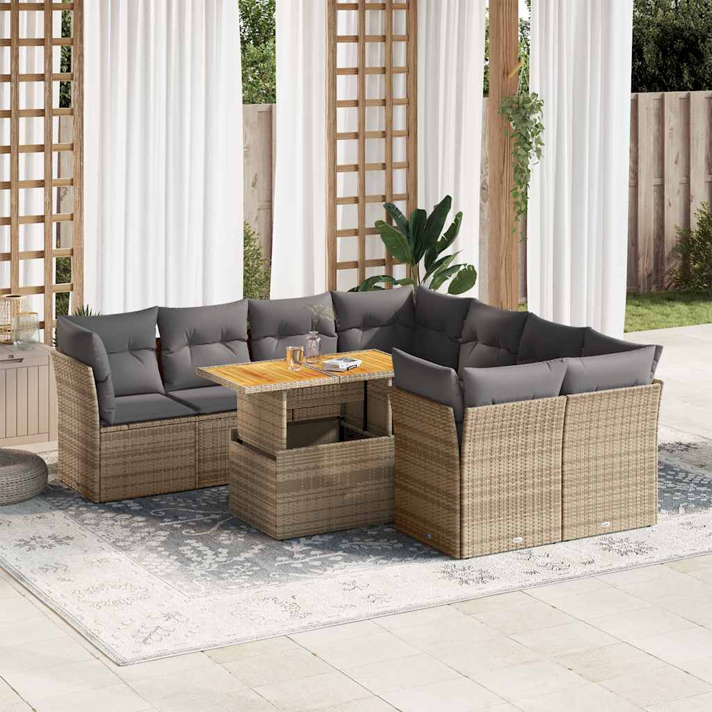 JUNG Vida 9-tlg. Garten-Sofagarnitur mit Kissen Beige Poly Rattan