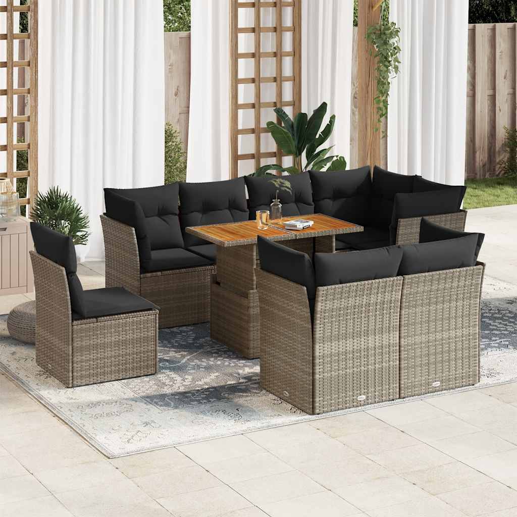 JUNG Vida 9-tlg. Garten-Sofagarnitur mit Kissen Grau Poly Rattan