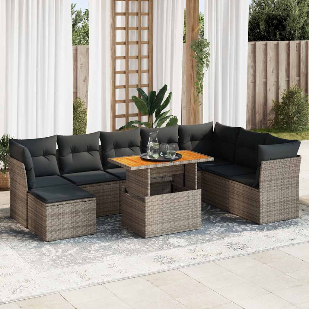 JUNG Vida 9-tlg. Garten-Sofagarnitur mit Kissen Grau Poly Rattan