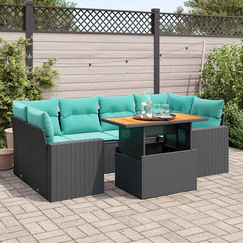 JUNG Vida 7-tlg. Garten-Sofagarnitur mit Kissen Schwarz Poly Rattan
