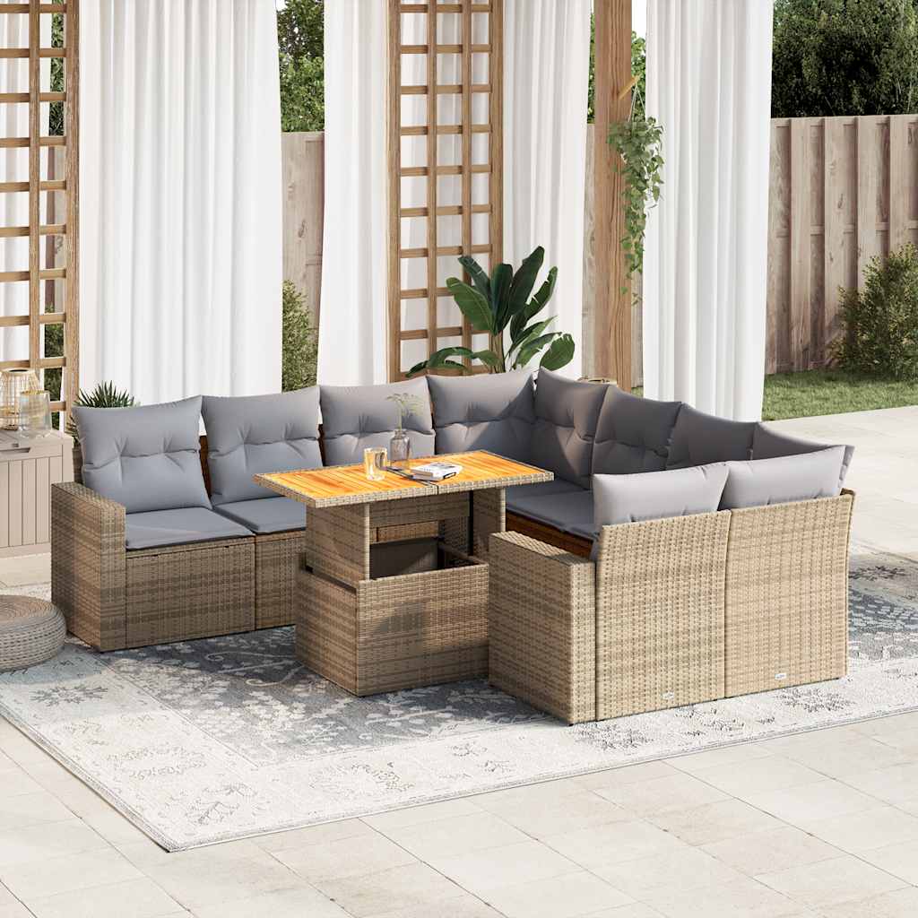 JUNG Vida 9-tlg. Garten-Sofagarnitur mit Kissen Beige Poly Rattan