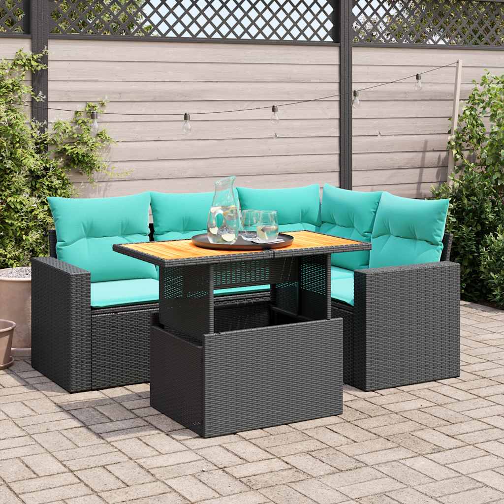 JUNG Vida 5-tlg. Garten-Sofagarnitur mit Kissen Schwarz Poly Rattan