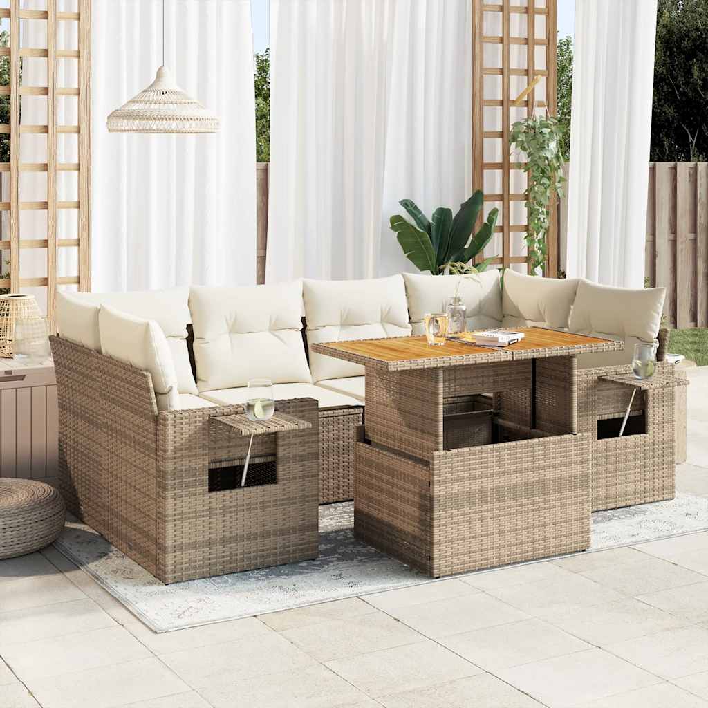 JUNG Vida 7-tlg. Garten-Sofagarnitur mit Kissen Beige Poly Rattan