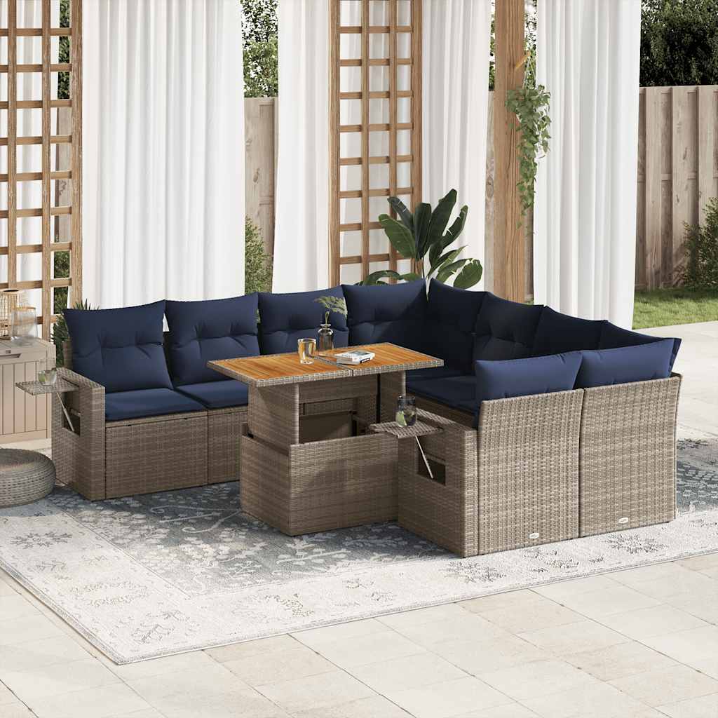 JUNG Vida 9-tlg. Garten-Sofagarnitur mit Kissen Grau Poly Rattan