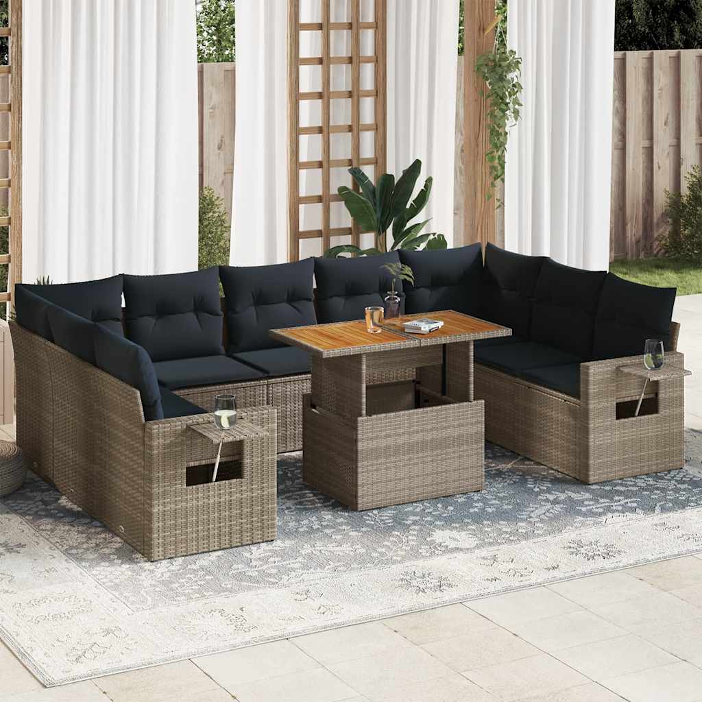 JUNG Vida 10-tlg. Garten-Sofagarnitur mit Kissen Grau Poly Rattan